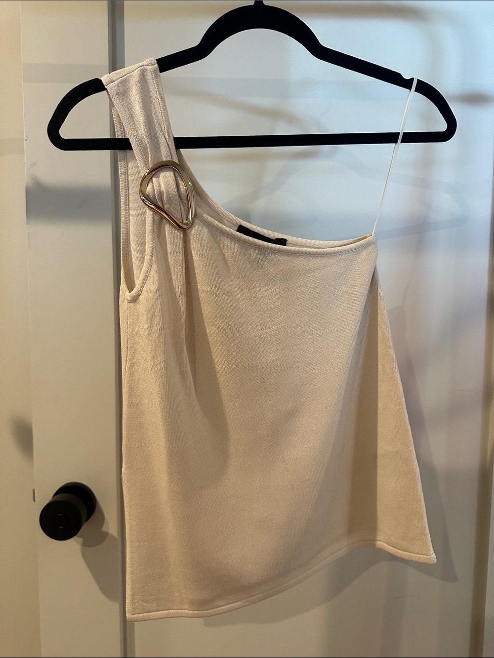 Zara One-Shoulder Cream Dress with Gold Buckle Accent